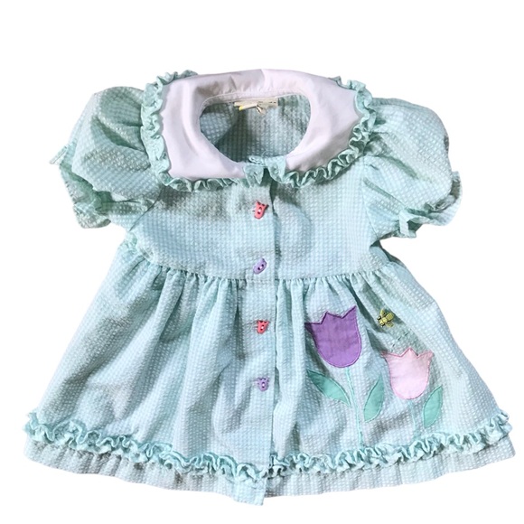 Vintage 12 Month Old Baby girl Dress Green Gingham Tulip Appliqué Lace Ruffles - Picture 6 of 6